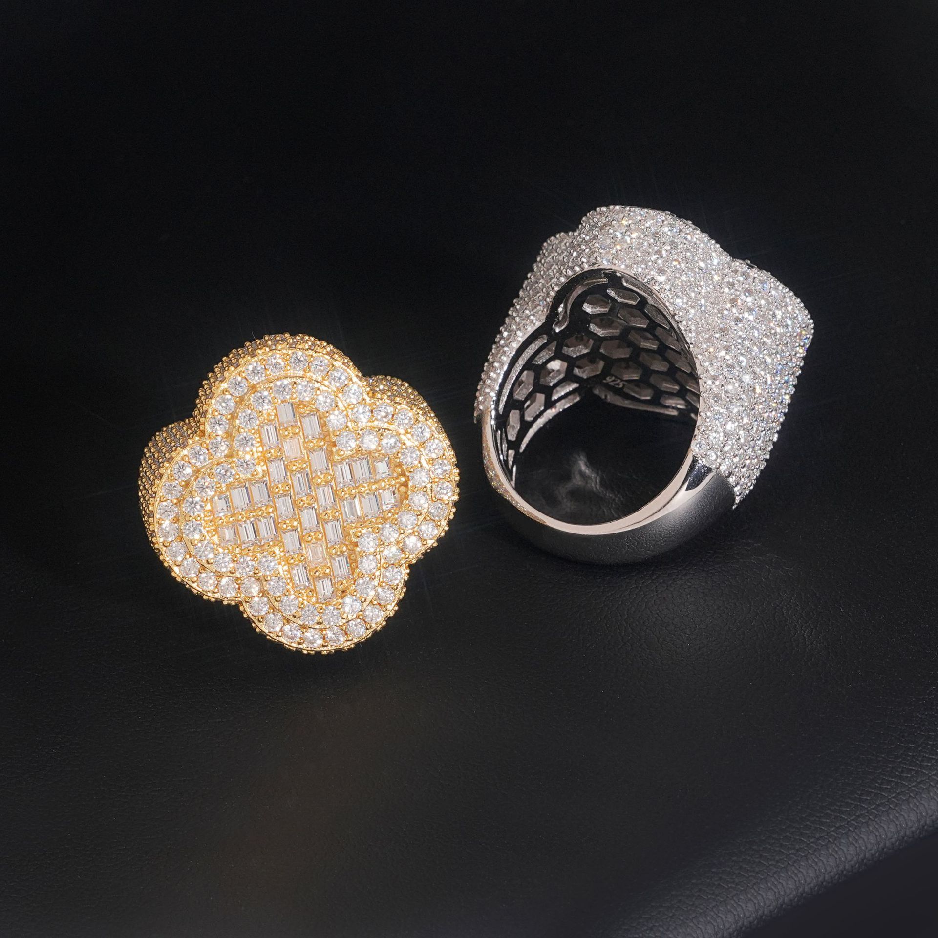 Trendy Luxury Shiny Fine Jewelry Sparkling 925 Sterling Silver VVS1 Baguette Moissanite Flower Clover Cross Ring for Men Women