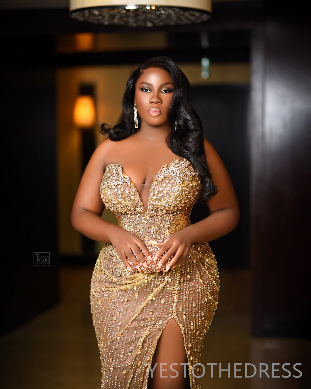2025 Plus Size Gold Aso Ebi Prom Dress Mermaid Prom Dresses Evening Formal Gowns Sweetheart Side Split Beaded Crystals Birthday Dress Second Reception