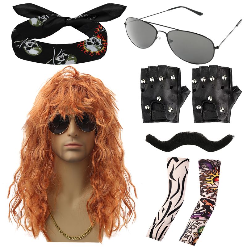 Punk Rock Heavy Metal Fashion Wigs Cool Glasses Bandanas Beards, Tattoo Sleeves, Long Curved Wigs for Holiday Shows Punk Gloves, Vintage Punk Themed E