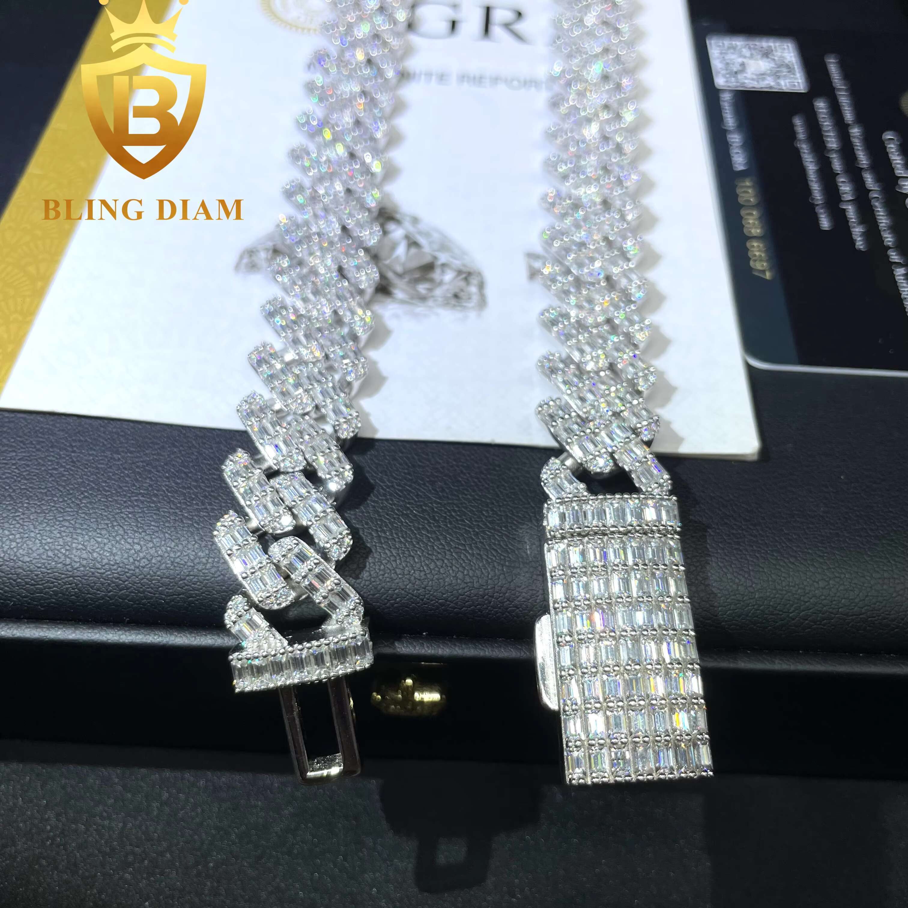 Pass Diamond Tester 15mm 2 Rows Solid 925 Sterling Silver Men Hip Hop Jewelry Iced Out VVS Moissanite Cuban Link Chain Necklace