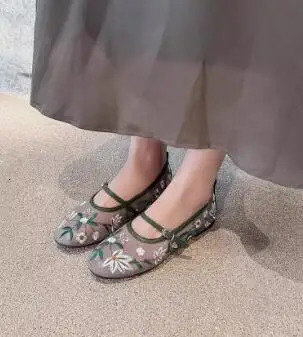 Nude Green Mesh Embroidered Flower Ballet Flats Women Summer Breathable Low Top Mary Jane Shoes Round Toe Leisure Loafers Shoes 250624