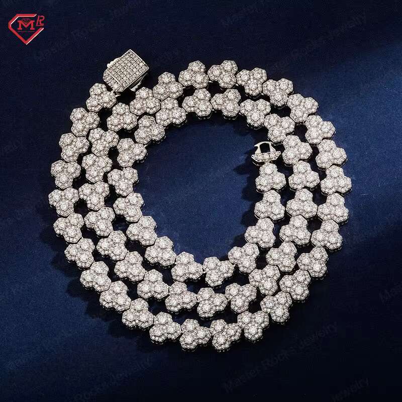 HipHop 10mm Moissanite Chain Luxury Cluster Flower Honeycomb 925 Silver Iced Out Vvs Moissanite Tennis Chain
