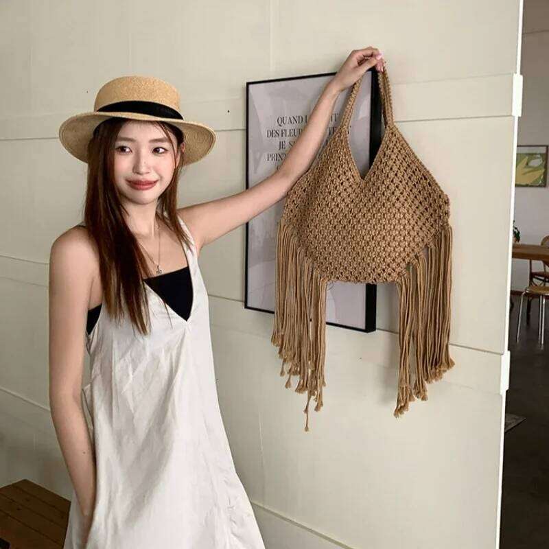 Bohemian Women's Large Capacity Tassel Shoulder Bag Handmade Cotton Woven Knitted Seaside Vacation Beach Tote Summer New Arrival
