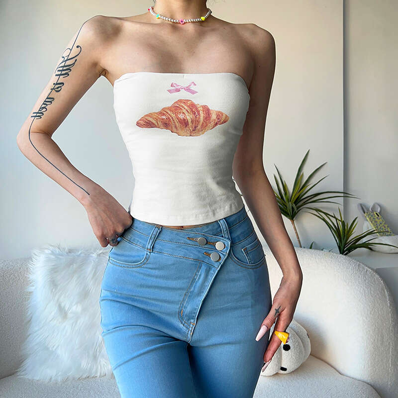 Summer New Short Sleeve Bread Casual Versatile Printed Crop Spicy Girl Outfit Base Shirt Tube Top Small Vest B5