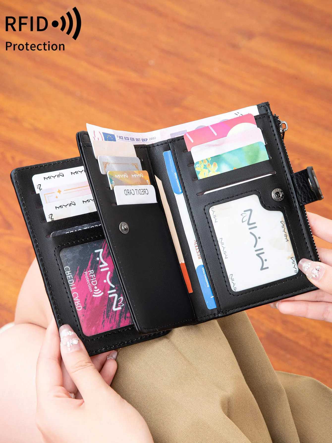 MIYIN RFID anti-theft brush three-fold womens short wallet PU leather multi card slot wallet multifunctional zero walletXJ250624