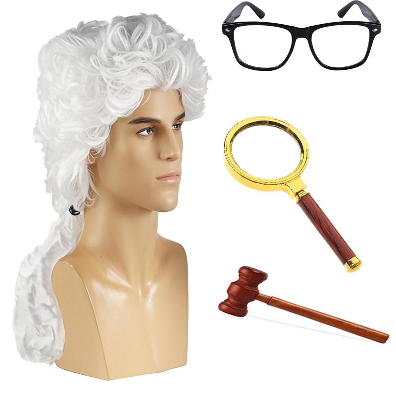 Judge Lawyer Long White Judge Curly Hair and Gray Marble Head Wig Synthetic Role Play Wig Women's Costume Wigs Judge Gavel Hammer Eyeglasses Acce