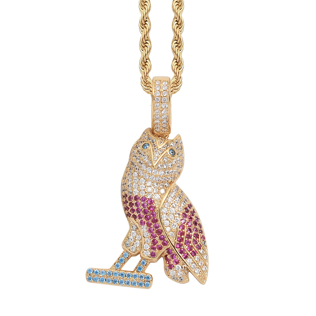 Luxury Moissanite Owl Pendant Creative Animal Diamond Studded Colorful Hip Hop Necklace Pass the diamond tester