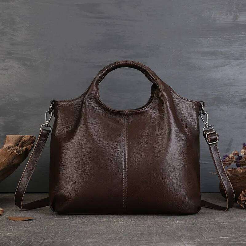 Johnature Genuine Leather Casual Tote Bag 2025 New Retro Large Capacity Women's Handbag Versatile Solid Color Shoulder Bags