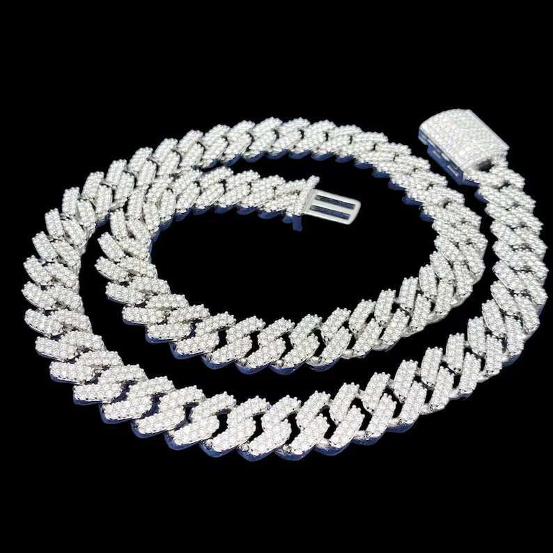 Hip Hop 10mm Cuban Link Chain 2 Row Necklace 925 Sterling Silver Iced Out Moissanite Cuban Chain