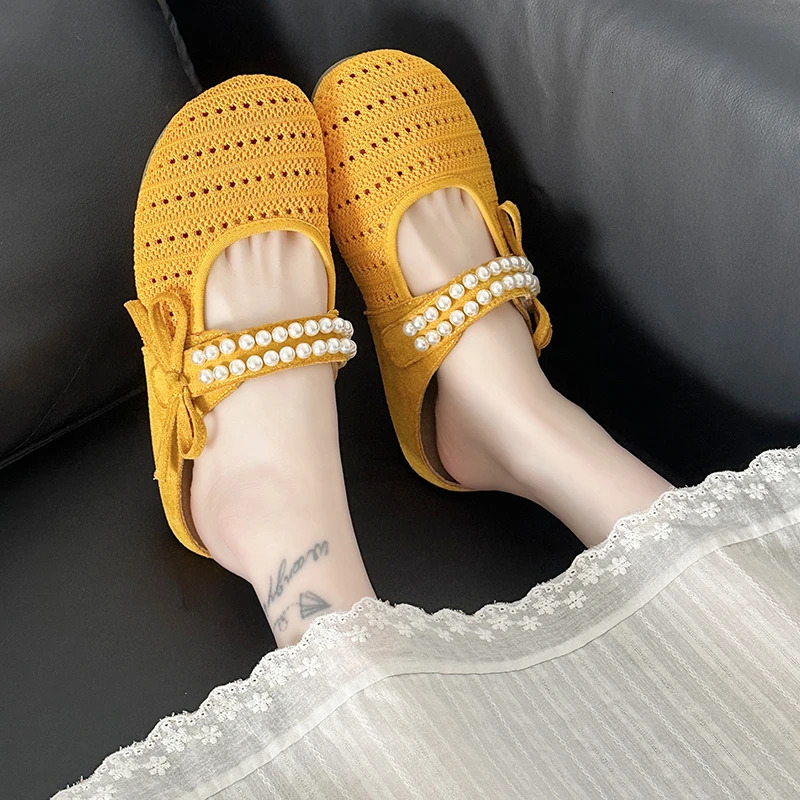 Womens Spring Summer Hollow out Woven Flat Sandals Mary Janes SlipOn Casual Shoes round Toe Low Heel Footwear 250624