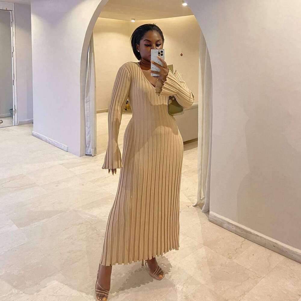 Spring Summer New Casual Waist V-Neck Ribbed Slimming Knitted Long Dress For Women B5