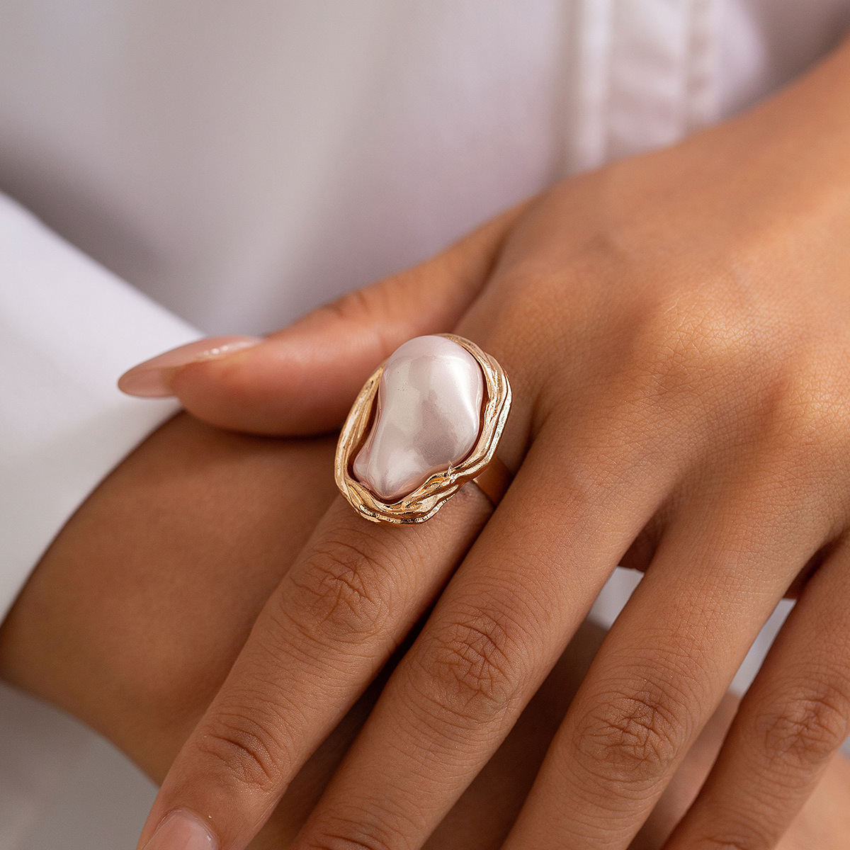 Irregular Baroque Imitation Pearl Open Elegant Ins Style Geometric Ring Jewelry