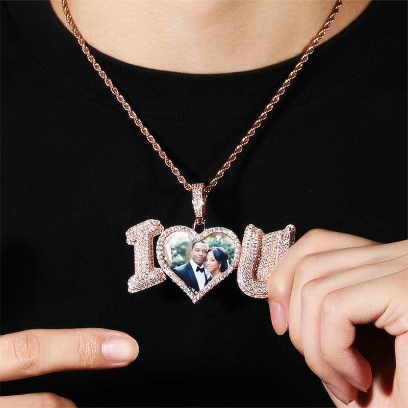 14K Gold Personalized I Love You Custom Photo Pendant Necklace For Couple Full Cubic Zirconia Heart Lovers Diy Picture Wedding Memorial Jewelry Collar