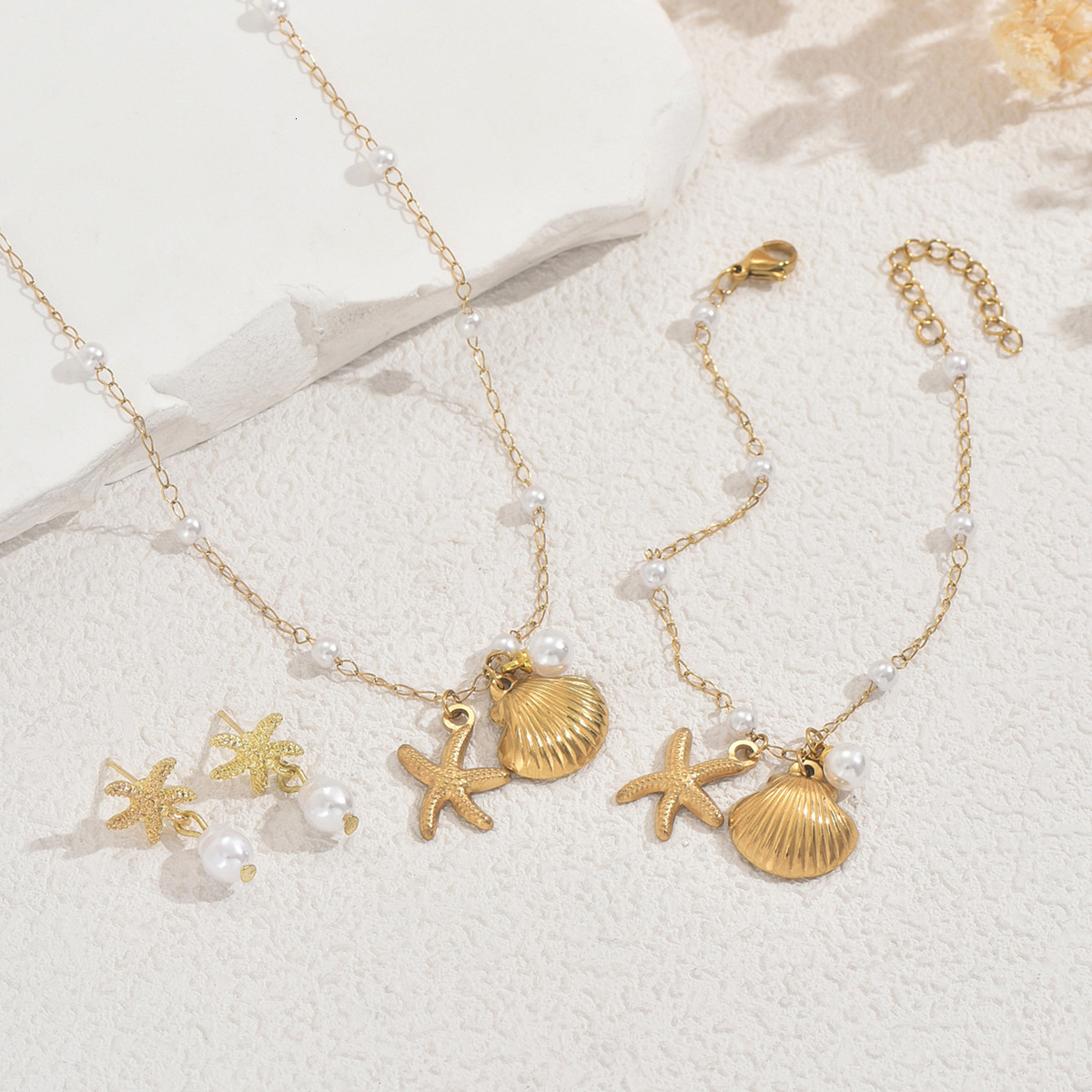 Ocean Style Women's Earrings Necklace Set Shell Pearl Bracelet Unique Beach Jewelry For Women