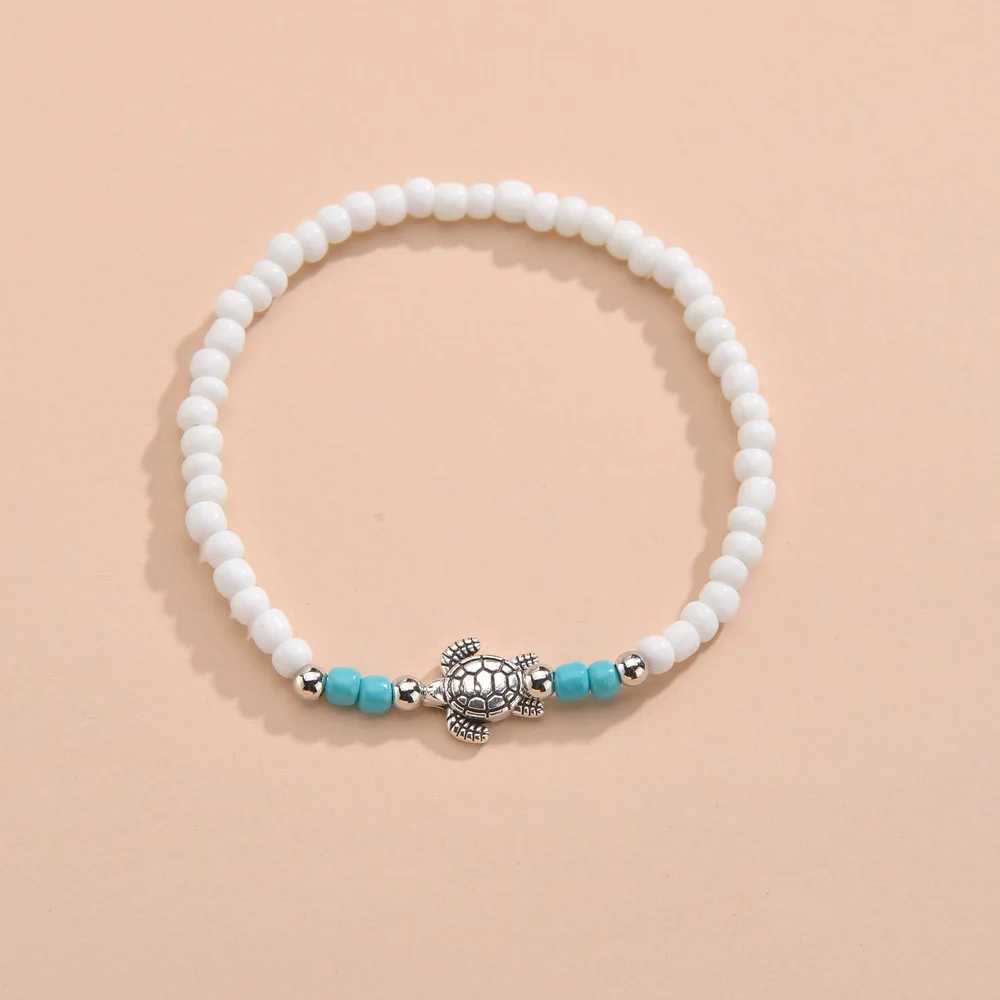 Cute Sea Turtle Rainbow Beaded Anklets For Women Elastic Rope Chains Adjustable Ankle Bracelet Beach Jewelry Summer Accessories U250624