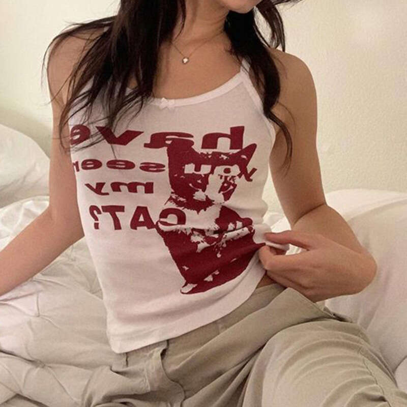 Sexy Style Pure Desire Small Strap Hot Girl Letter Print Color Block Slim Fit Bowknot Base Vest B5