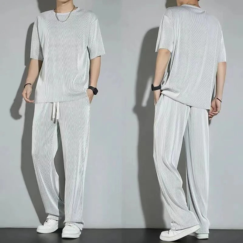 Ice Silk Sports Suit Mens Summer Thin Casual Long Trousers Short-sleeved T-shirt Ins Quick-drying Drooping Clothes Set 250617