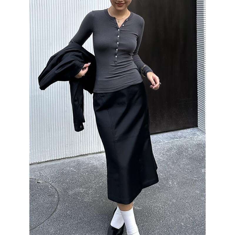 Henley Melard Outfit Cardigan Warm Base Open Collar T-Shirt Long Sleeve Knit Shirt Waist-Cinching Top B5