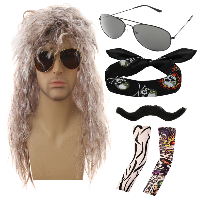 Punk Rock Heavy Metal Fashion Wigs Cool Glasses Bandanas Beards, Tattoo Sleeves, Long Curved Wigs for Holiday Shows Punk Gloves, Vintage Punk Themed E