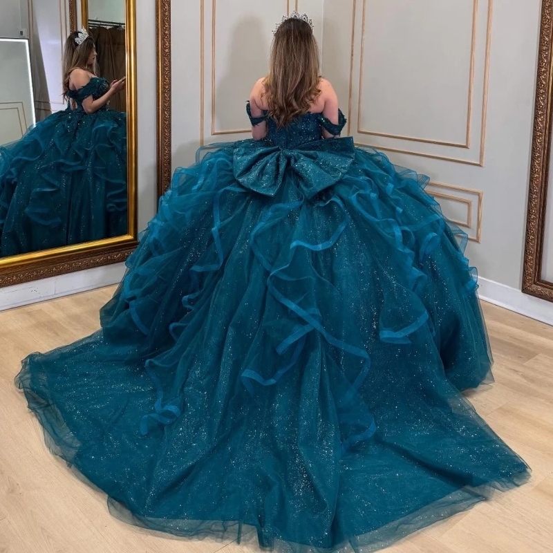 2025 Blackish Green Quinceanera Dresses Ball Gown Lace Applique Beading Ruffles Bow Tull Sweet 16 Dress Vestidos De 15 Anos