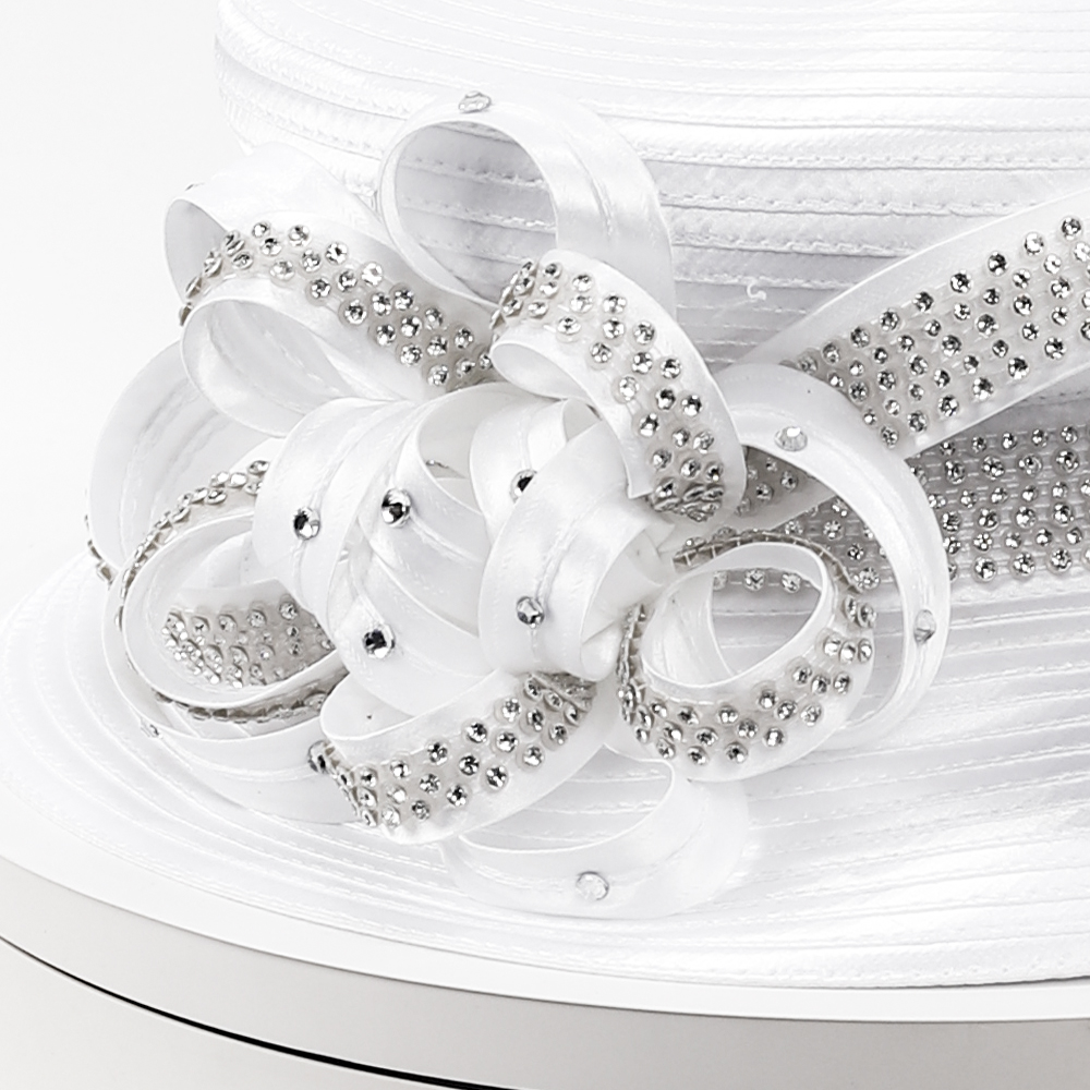 Elegant White Church Hat for Women - Wide Brim Derby Hat with Rhinestone Ribbon Bow, Ideal for Weddings, Tea Parties, and Sunday Service SD724