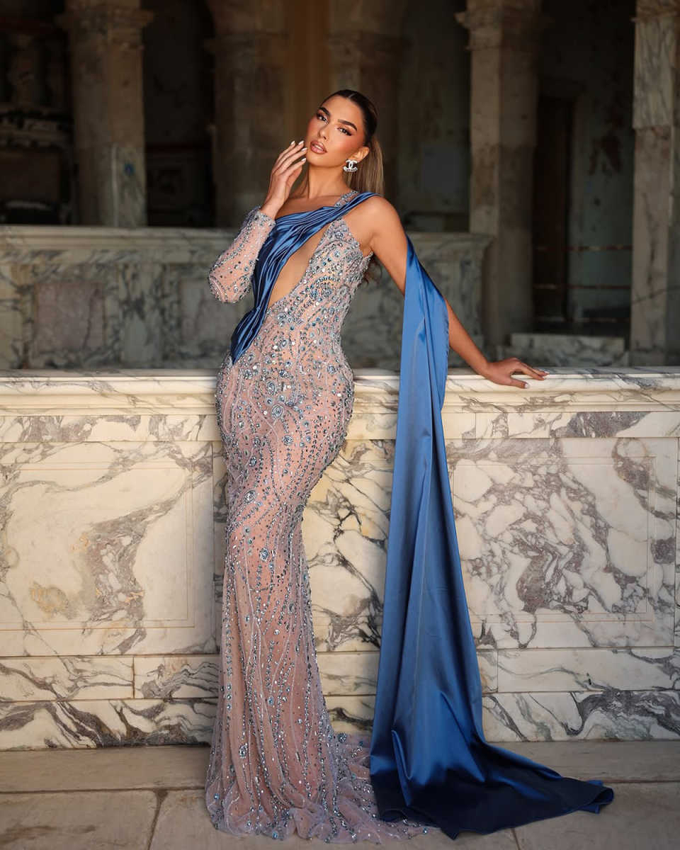 Luxury Crystals Evening Dresses Elegant One Shoulder Beaded Mermaid Prom Dress Floor Length Party Celebrity Gowns