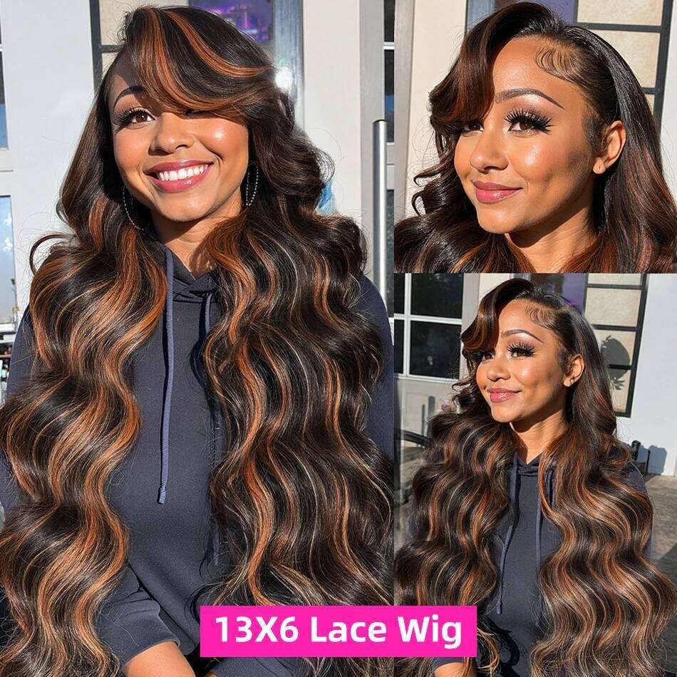 250 Density 30 32Inch 1B/30 Black Brown Body Wave 13x6 HD Frontal Human Hair Wig Color Ombre Highlight 13x4 Lace Front Wigs