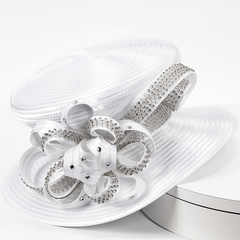 Elegant White Church Hat for Women - Wide Brim Derby Hat with Rhinestone Ribbon Bow, Ideal for Weddings, Tea Parties, and Sunday Service SD724