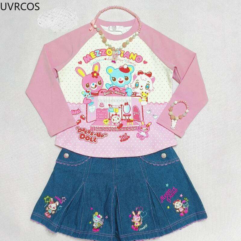 Sweet Lolita Crop Top Cartoon Bunny Bear Print Haruku Contrast Color T-Shirts Japanese Fashion Women Y2k Aesthetic Casual Tees