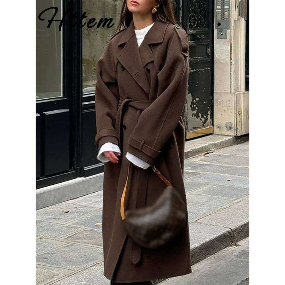 Elegant Wool Blends Long Coats Women With Belt Lapel Double Breasted Full Sleeve Coat Female 2025 Autumn Lady Outwears