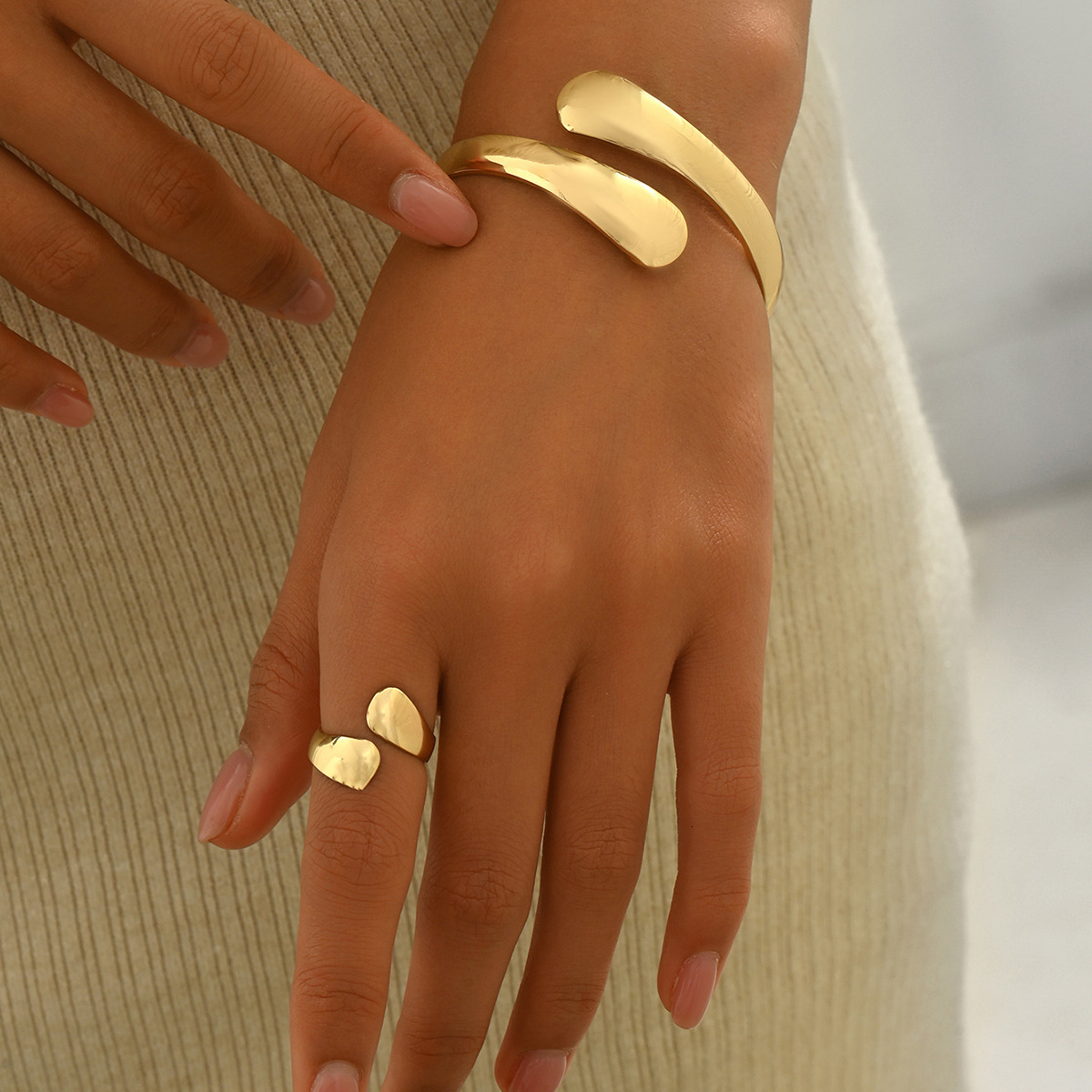 Minimalist Smooth Bracelet And Ring Set, Adjustable Open Arc Design, Women's Jewelry