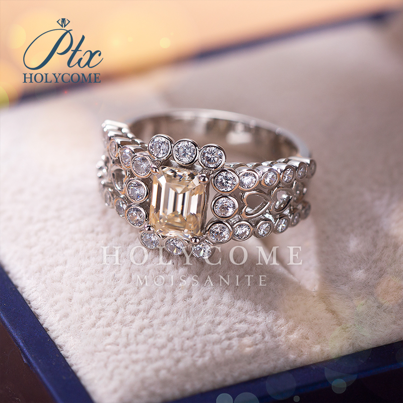 Classic 925 Sterling Silver Bridal Ring Sets Emerald Cut Champagne Moissanite Engagement Rings Vintage Promise Rings Wedding Bands for Women