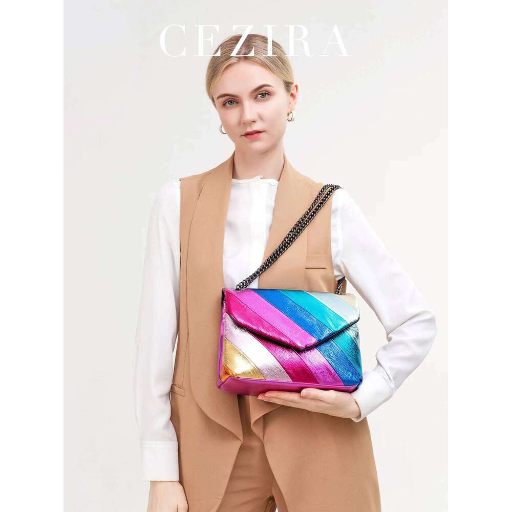 CEZIRA Metallic PU Leather Flap Shoulder Bag For Women Colorful Stripes Patchwork Chain Cross Body Handbag Daily Casual