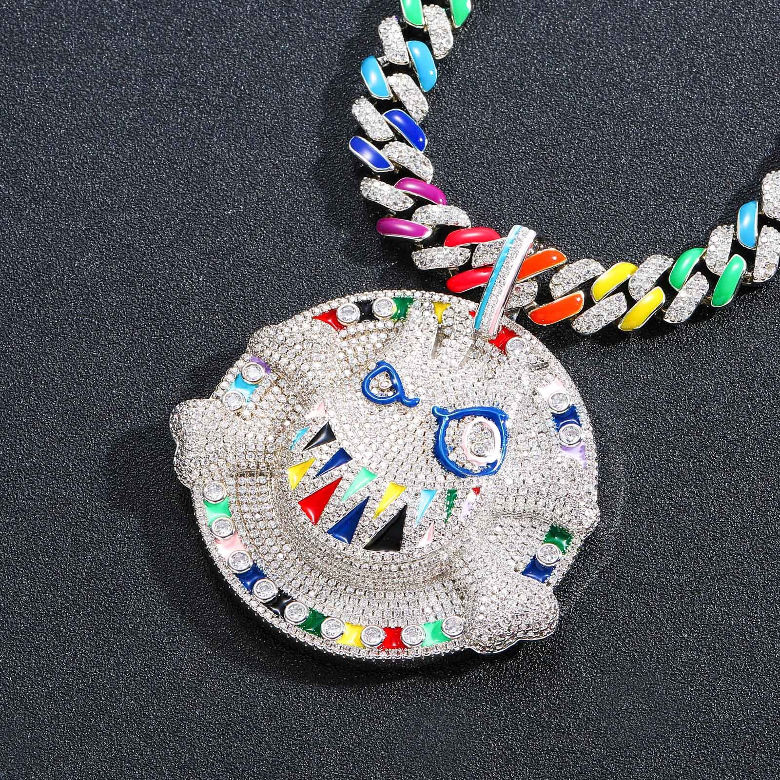 Luxury Moissanite Hip Hop Necklace Cartoon Emoji Pendant Diamond Studded Purple Disk Ghost Face Bone Personalized Exaggerated Accessory Pass the diamo