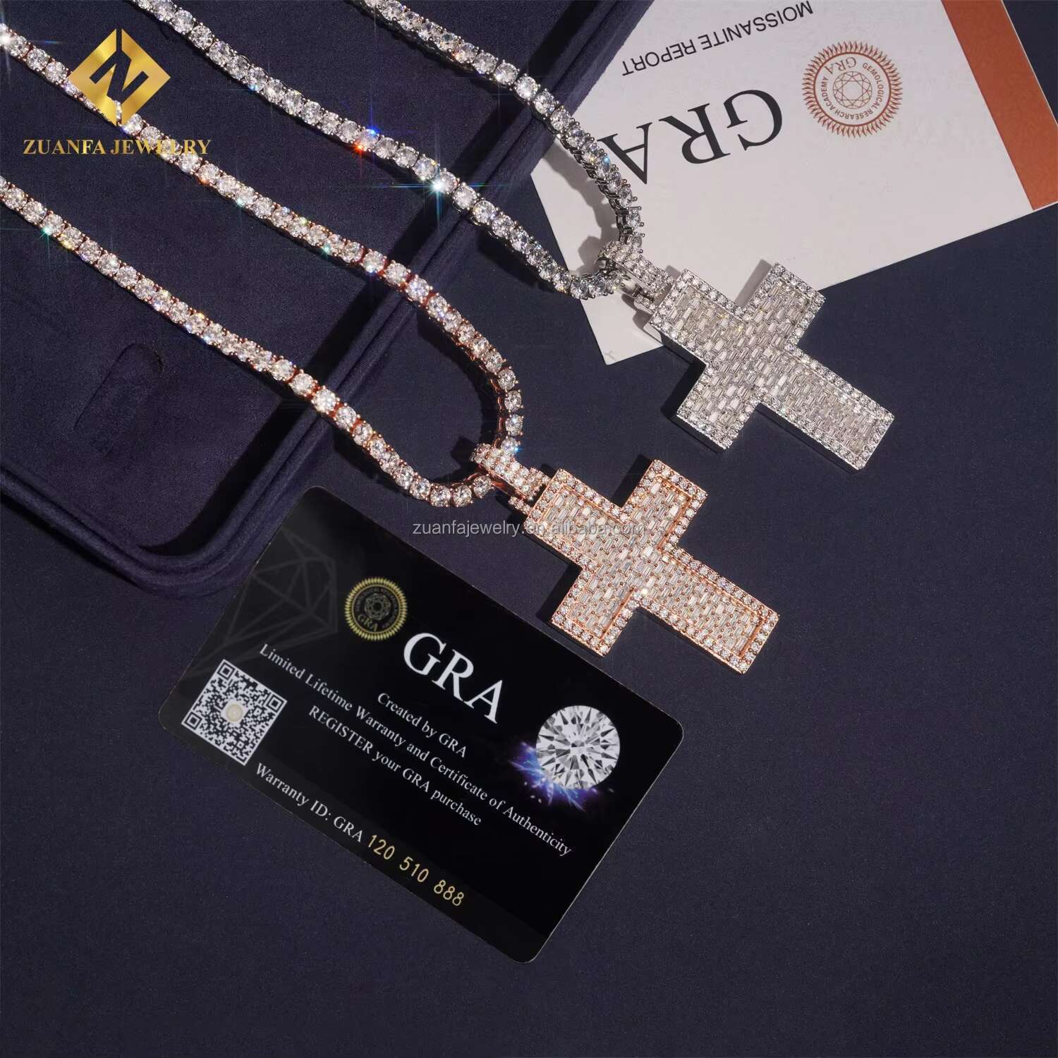 New Arrivals Hot Selling Pass Diamond Tester GRA Certificate Iced Out Hip Hop Jewelry Baguette Moissanite Diamond Cross Pendant