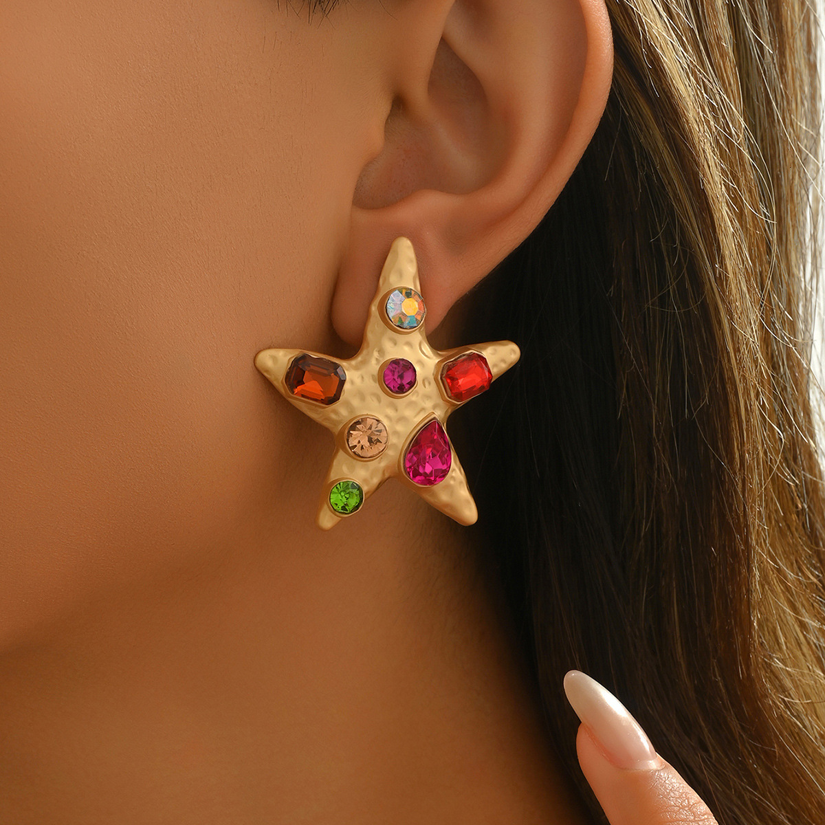 Fashion Style Women's Personality Starfish Inlaid Corful Design Stud High-End Earrings