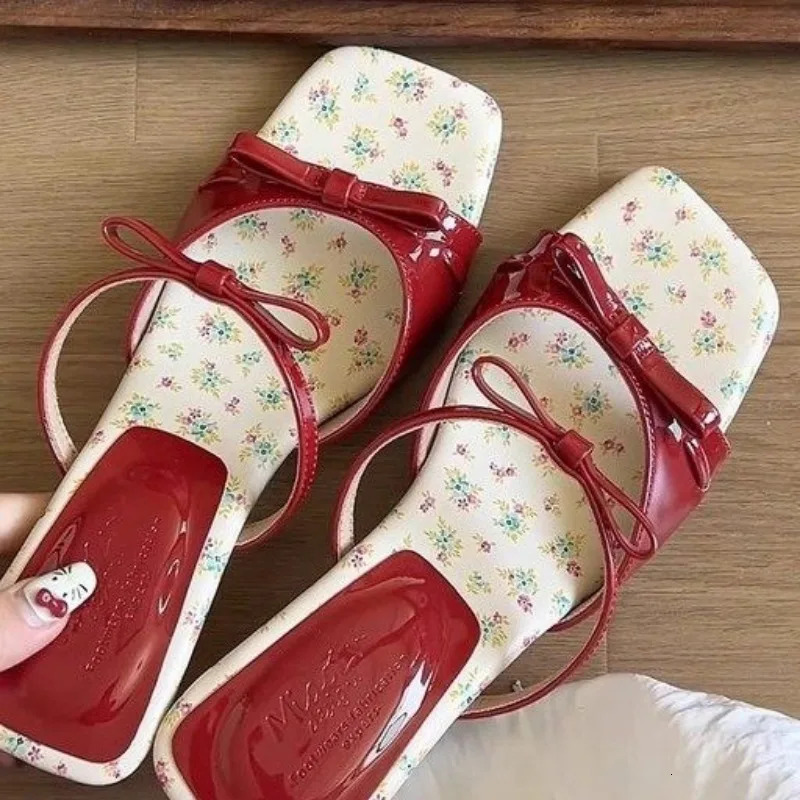 French Pink Bow Diamond Highheeled Slippers with Exposed Toes Sandals Shoes for Women Sandal 250624