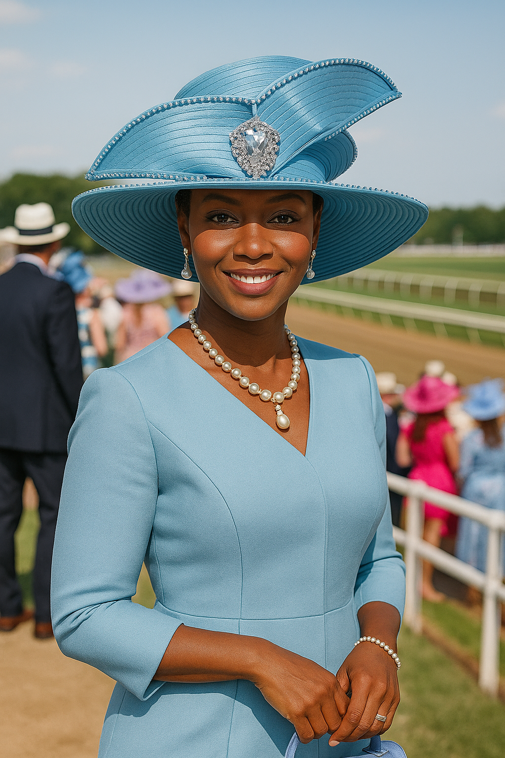 Elegant Blue Church Hat for Women - Wide Brim Derby Hat with Rhinestone Brooch for Race Day, Tea Party, Wedding & Sunday Church