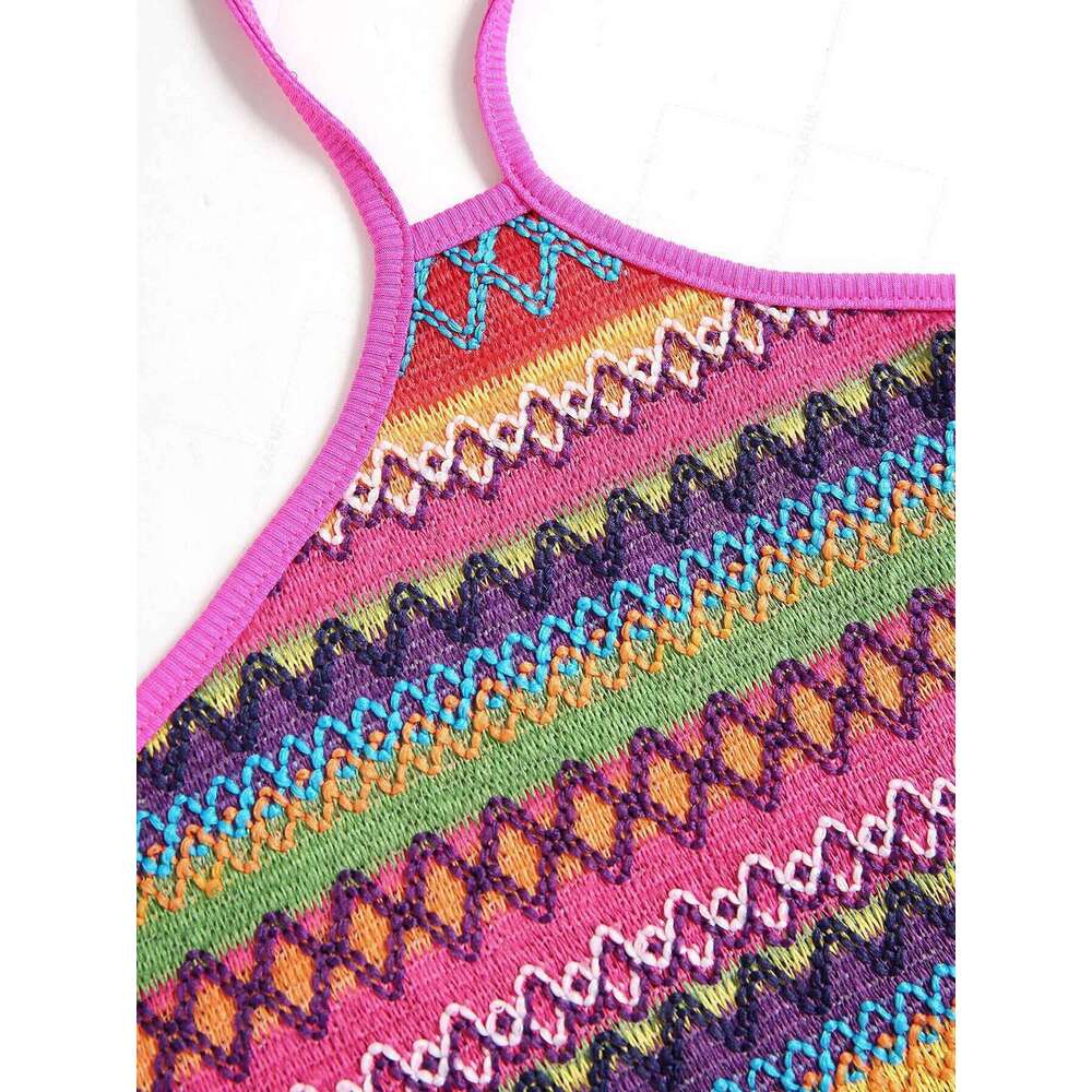 ZAFUL Women's Sexy Halter Tied Open Back Colorful Rainbow Zig Zag Stripes Knit Slinky Midi Dress Long ethnic dress 2024 NEW
