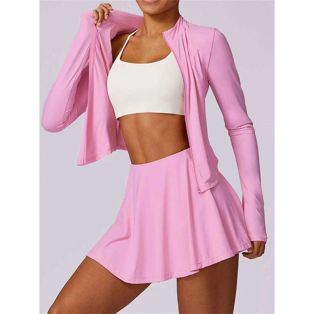 Summer Skirt Set Women UV Protection Long Sleeved Sunscreen Zipper Coat Outdoor Ice Silk Cool Running Yoga Exercise Sets