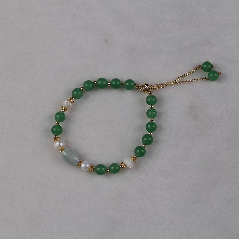 Handcrafted Adjustable Chain Bracelet Featuring Pure Freshwater Pearls and Jade Beads