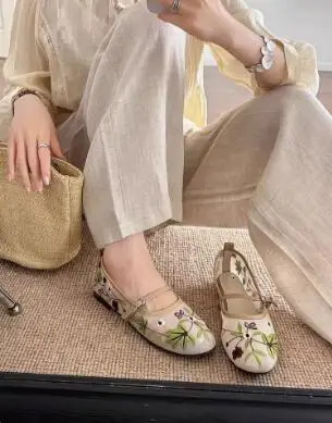 Nude Green Mesh Embroidered Flower Ballet Flats Women Summer Breathable Low Top Mary Jane Shoes Round Toe Leisure Loafers Shoes 250624