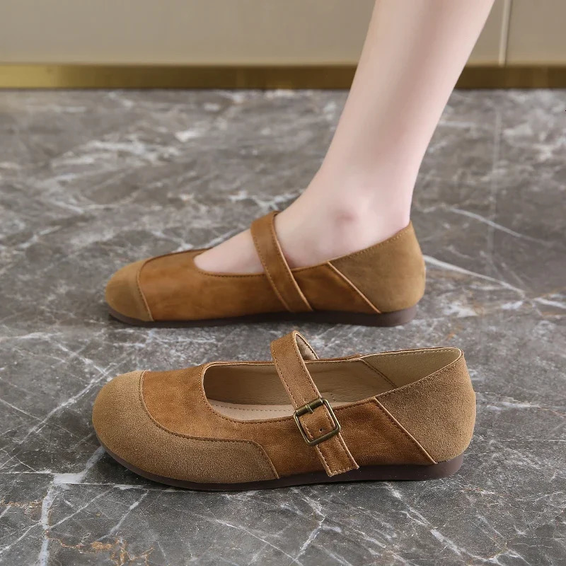 Summer Soft Soled Mary Jane Single Shoes French Milk Camel Round Head Frosted Ballet Women Shoes 250624