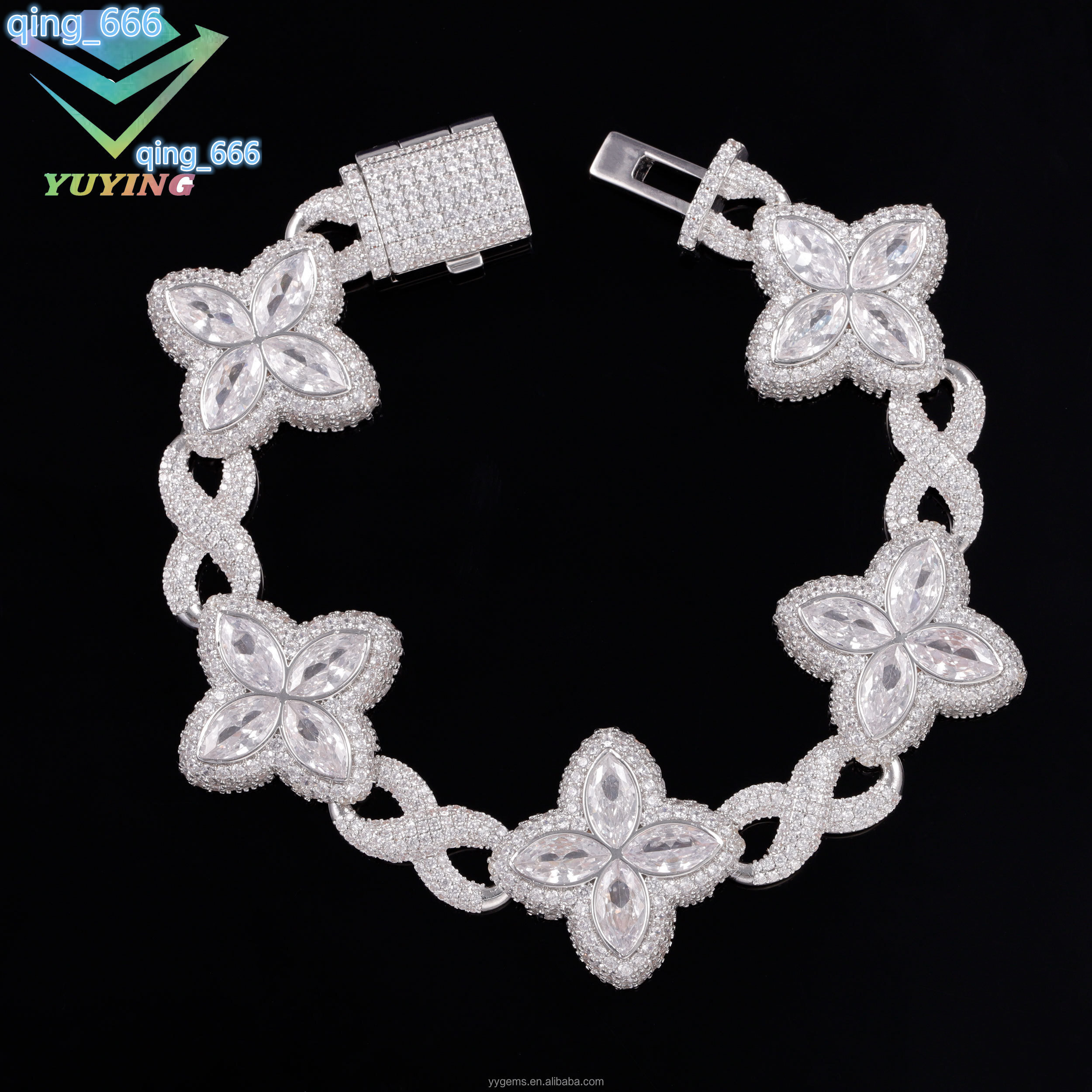 Yy New Design Iced Out Clovers Vvs Moissanite Bracelets Cuban Chain 925 Sterling Silver Fine Jewelry Bracelets for Men Women