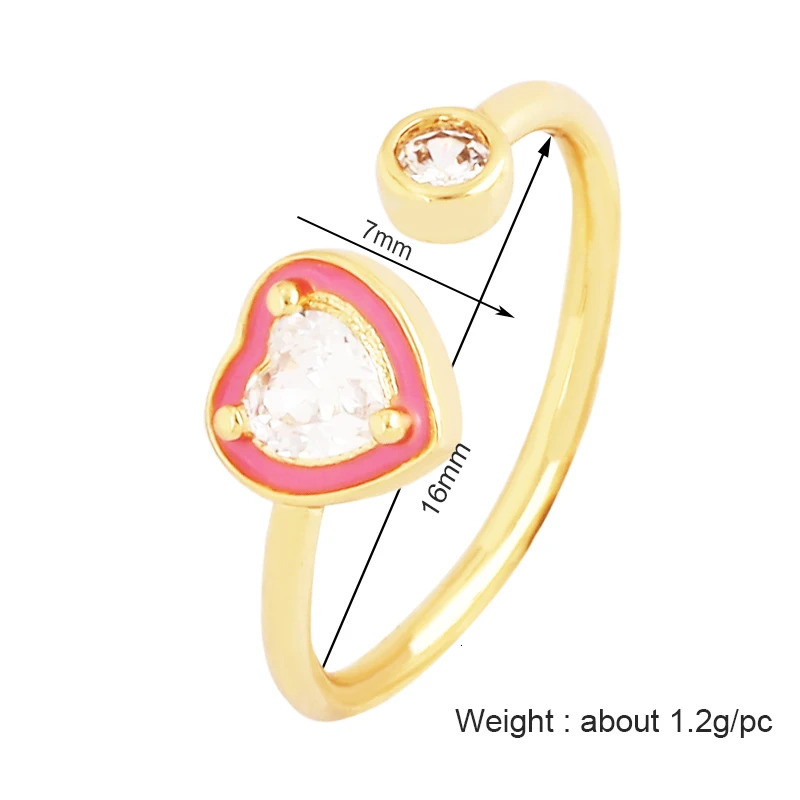 Love Heart Shape 18K Gold Plated Finger RingColourful Enamel Coated Zircon Open Adjustable Rings Jewelry Findings Supplies P34 250624