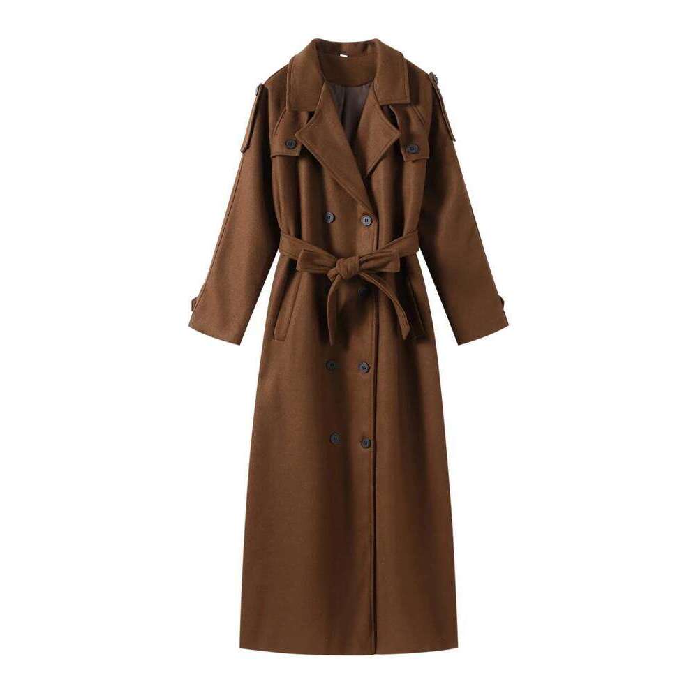 Elegant Wool Blends Long Coats Women With Belt Lapel Double Breasted Full Sleeve Coat Female 2025 Autumn Lady Outwears