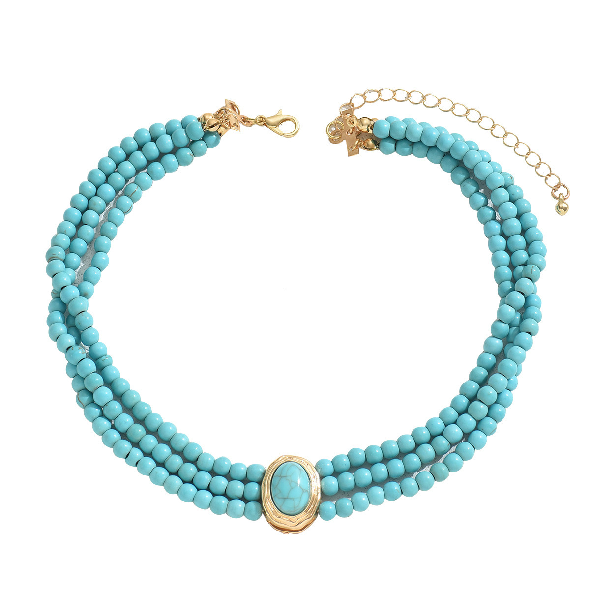 French Style Fashion Beaded Necklace Simple Turquoise Multi-Layer Design Long Alloy Clavicle Chain