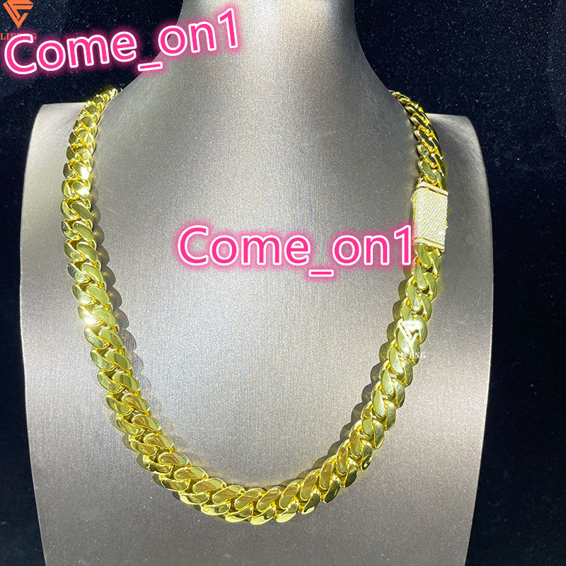 Custom 18K Gold Plated 14mm Cuban Link Chain Iced Moissanite Necklace Solid Sterling Hiphop Plain Cuban Link Necklace