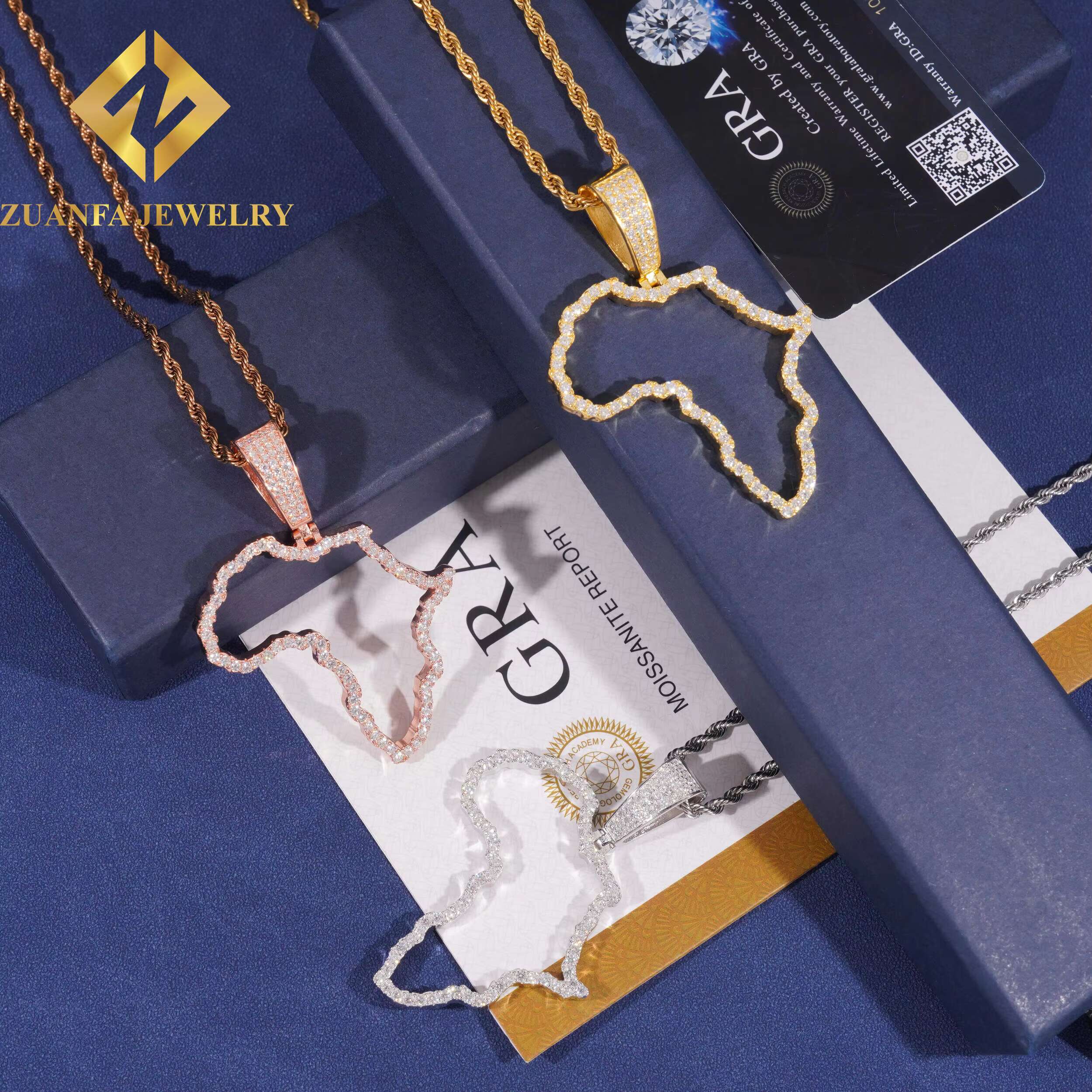 New Trend Fashion Custom Map Pendants 925 Sterling Silver Jewelry Hip Hop Moissanite Diamond Africa Map Pendants Hollow Design