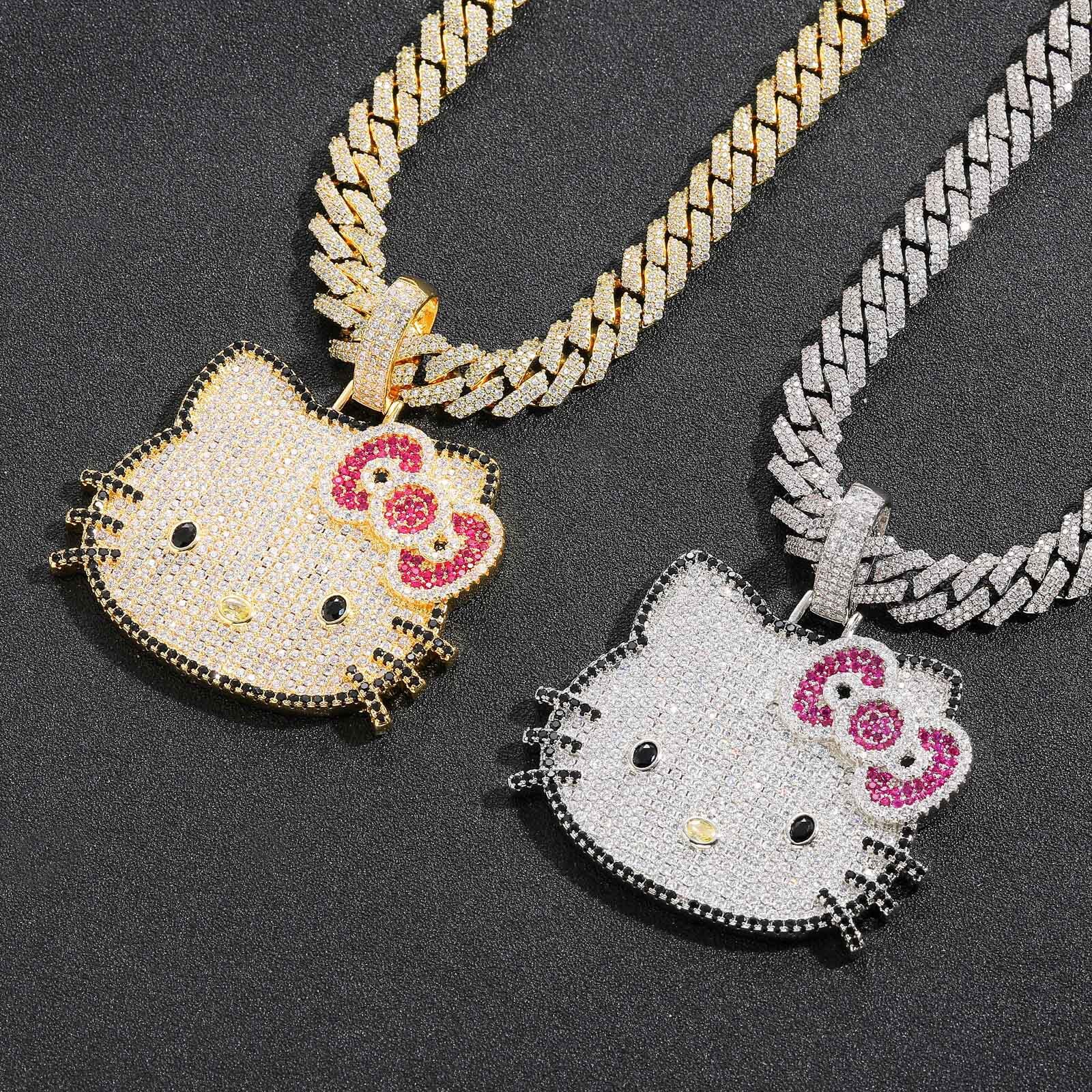 New Moissanite Hip Hop Solid Kitty Pendant Necklace with Pink Diamonds Cute Animal Theme for Men and Women Pass the diamond tester